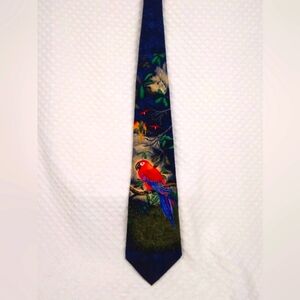 Men's Endangered Species Tie Extinct Cuban Macaw 100% Silk Blue Red Parrot